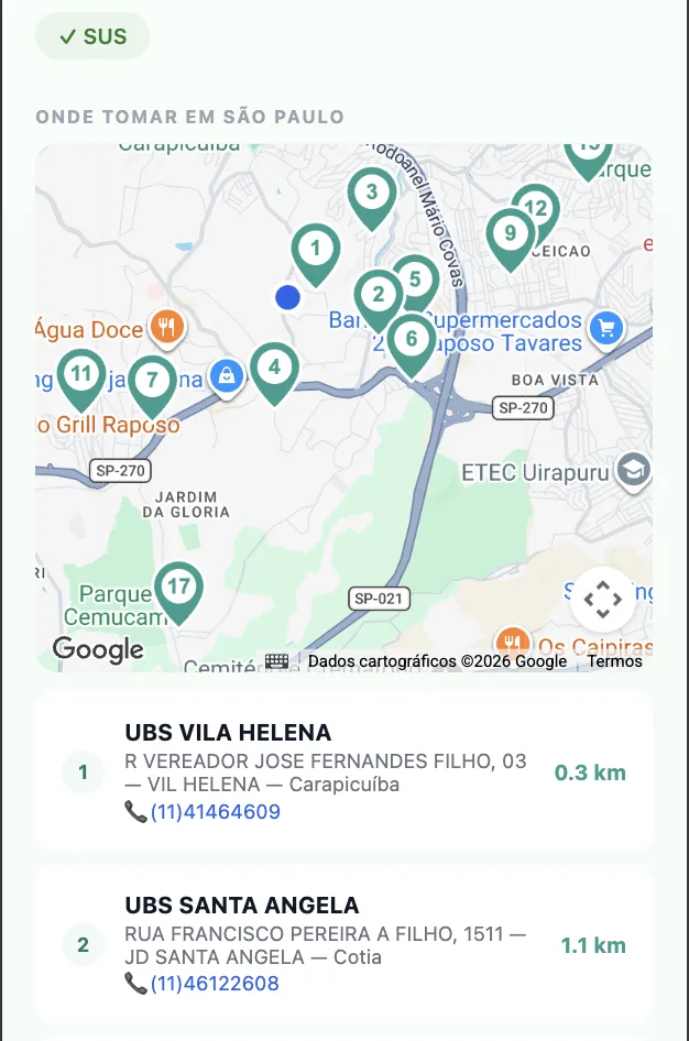 Tela do app com mapa de UBS próximas, mostrando distância, endereço e telefone de cada posto